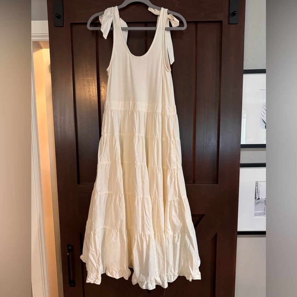 Chelsea & Violet Peplum Bow Tie Shoulder Tiered Ribbed Off White Dress Bridal - Picture 11 of 14
